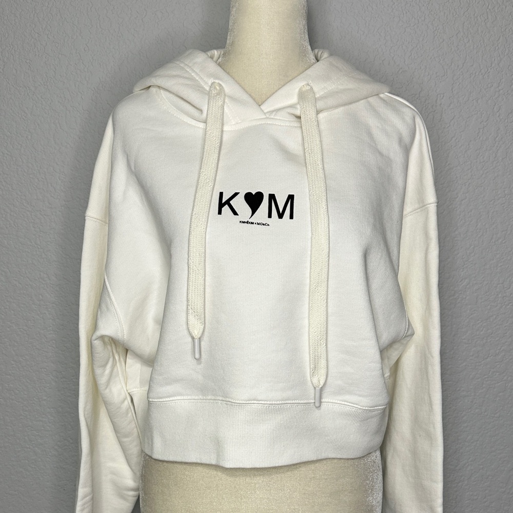 Kimhekim Women's White Cotton Hoodie Cropped Sweater M-L